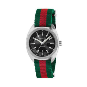 Gucci GG2570 with a 41mm stainless steel case and a red and green nylon strap featuring a date function and a black dial.