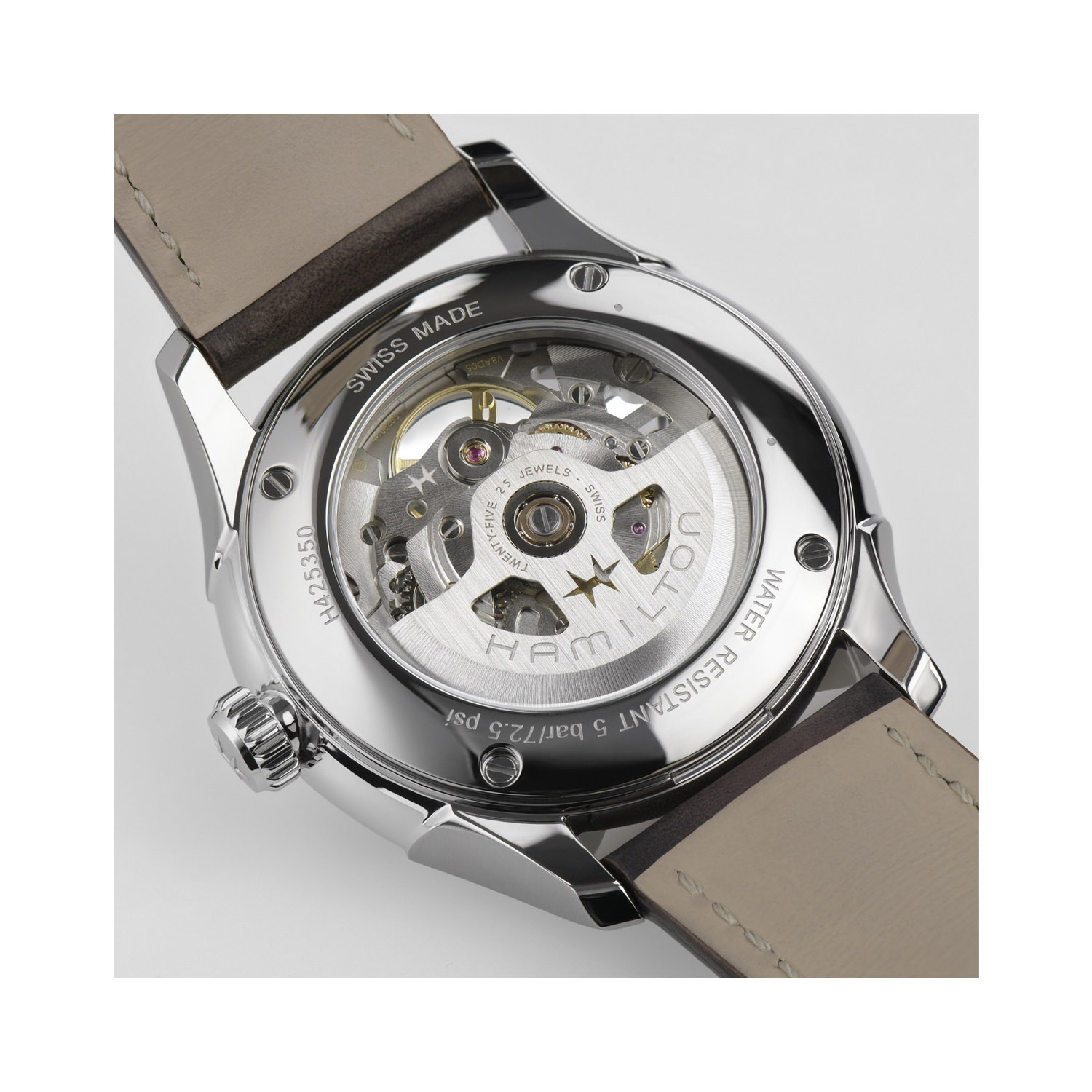 Hamilton, Jazzmaster Skeleton with a 40mm stainless steel case and a brown leather strap featuring a blue cut-out skeleton dial.