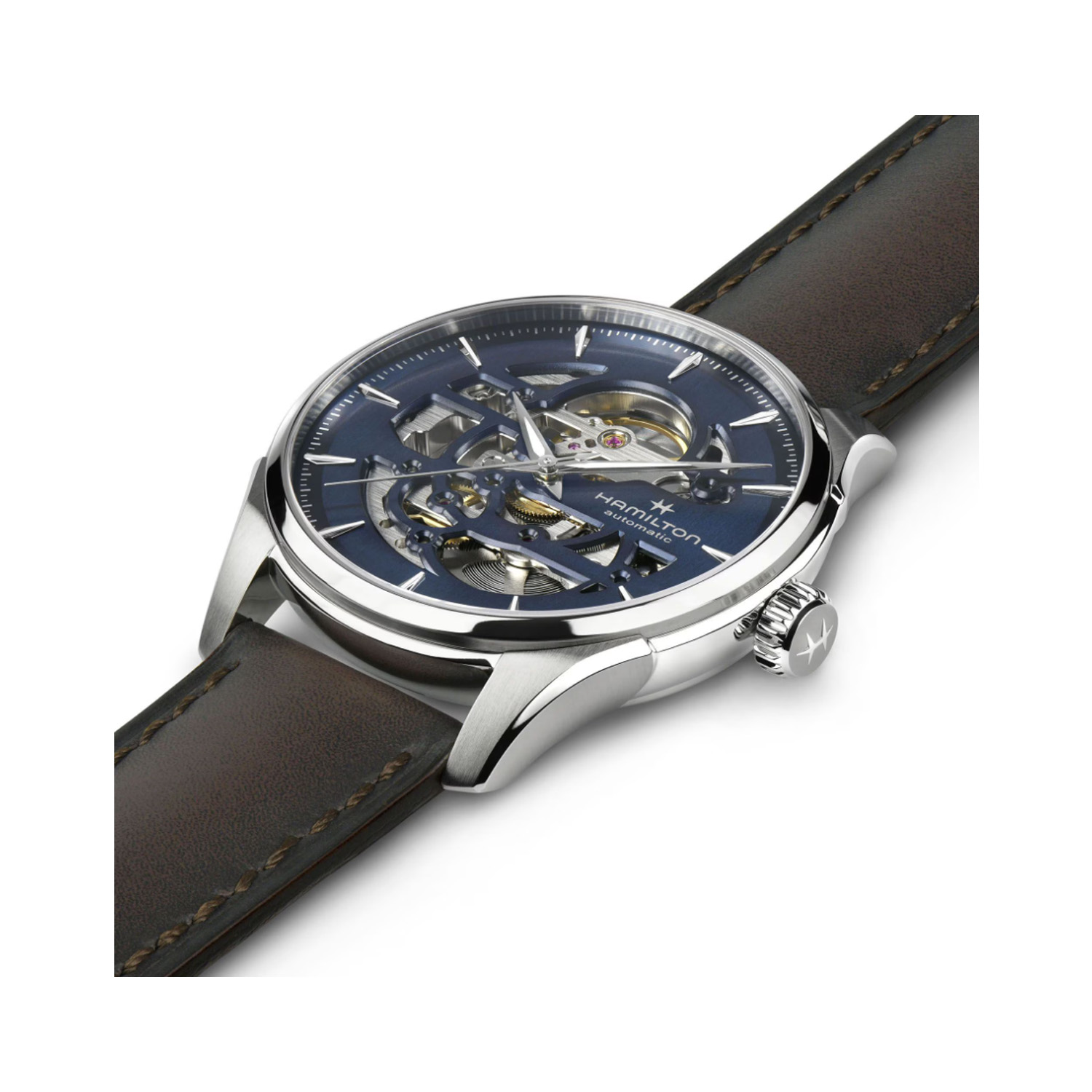 Hamilton, Jazzmaster Skeleton with a 40mm stainless steel case and a brown leather strap featuring a blue cut-out skeleton dial.