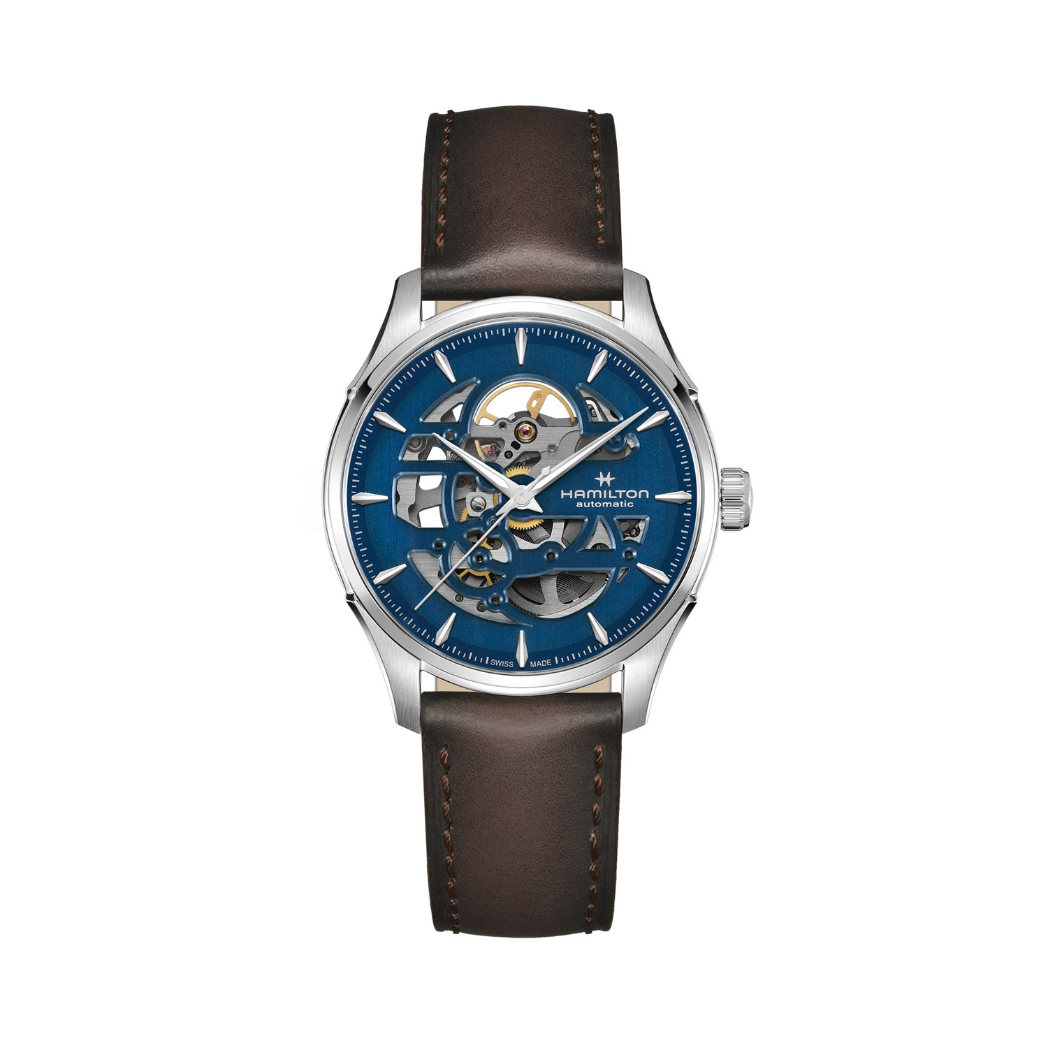 Hamilton, Jazzmaster Skeleton with a 40mm stainless steel case and a brown leather strap featuring a blue cut-out skeleton dial.