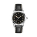 Hamilton, Khaki Field Murph with a 38mm stainless steel case and a black leather strap featuring a black dial.