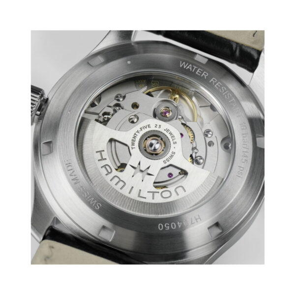 Hamilton, Khaki Field Murph with a 38mm stainless steel case and a black leather strap featuring a black dial.