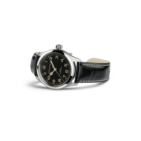 Hamilton, Khaki Field Murph with a 38mm stainless steel case and a black leather strap featuring a black dial.