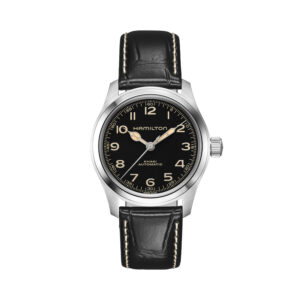 Hamilton, Khaki Field Murph with a 38mm stainless steel case and a black leather strap featuring a black dial.