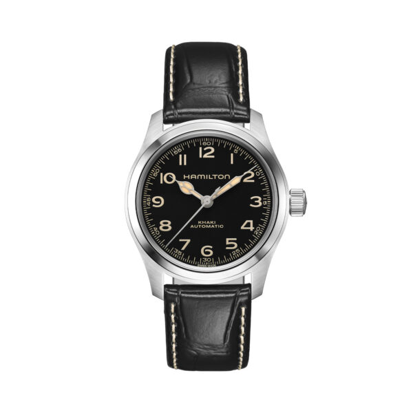 Hamilton, Khaki Field Murph with a 38mm stainless steel case and a black leather strap featuring a black dial.