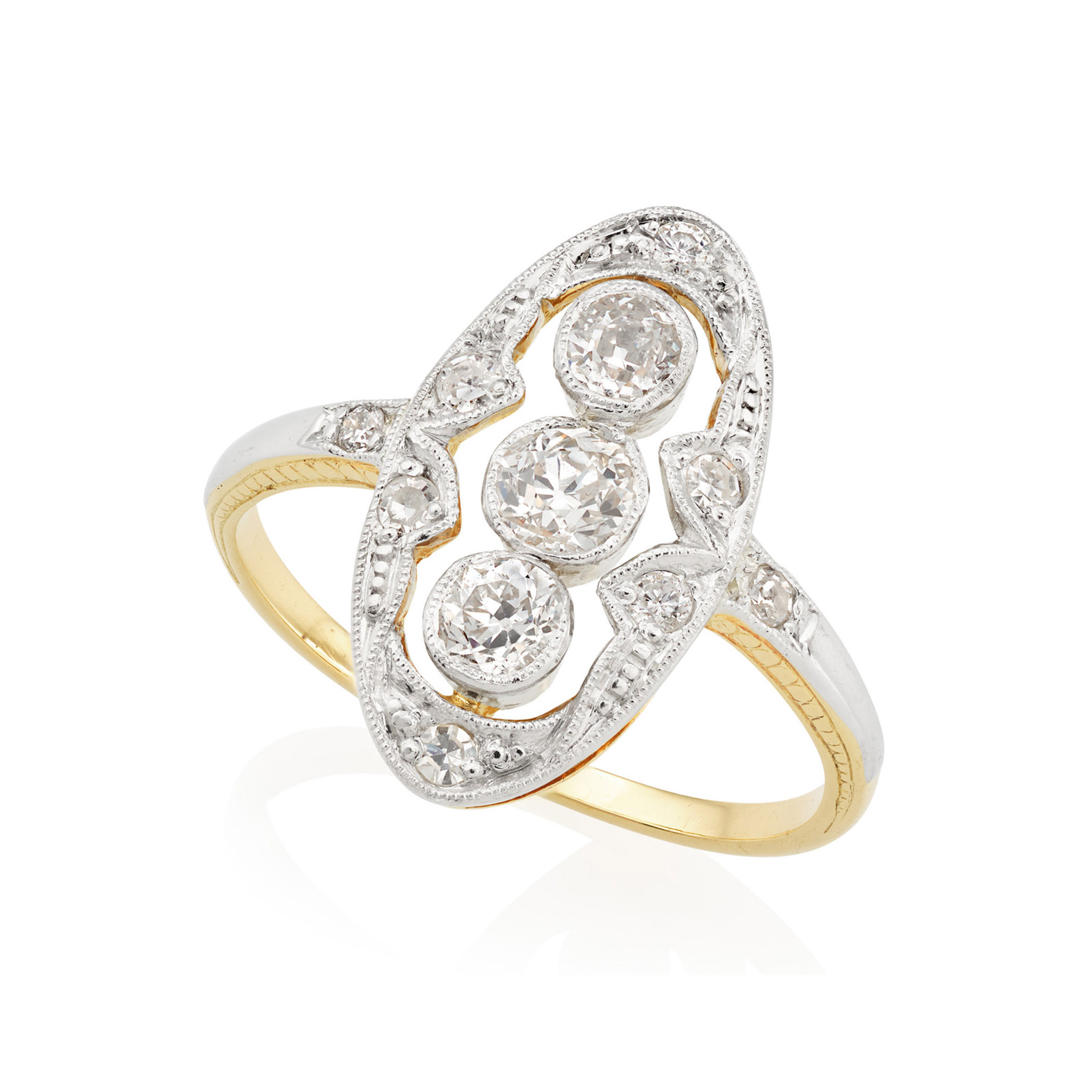An Art Deco diamond plaque ring of openwork navette form with diamond shoulders.