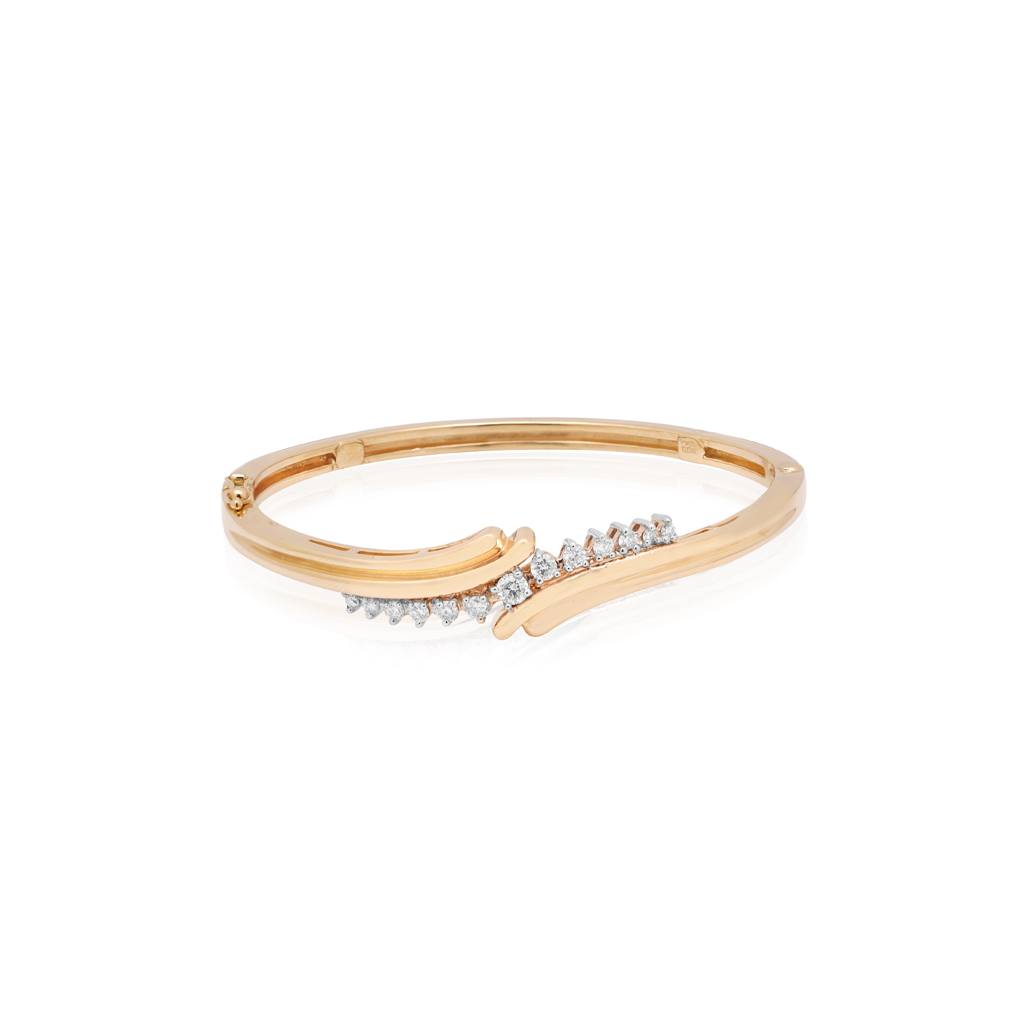A yellow gold coloured round brilliant cut diamond set twist style bangle with a hinge closure.
