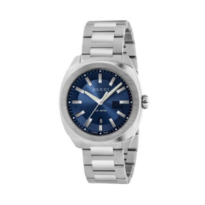 Gucci, GG2570 with a 41mm stainless steel case and bracelet strap featuring a date function and a blue dial.
