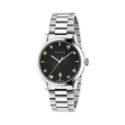 Gucci G-Timeless with a 38mm stainless steel case and bracelet strap featuring a date function and a black guilloché dial.