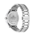 Gucci G-Timeless with a 38mm stainless steel case and bracelet strap featuring a date function and a black guilloché dial.
