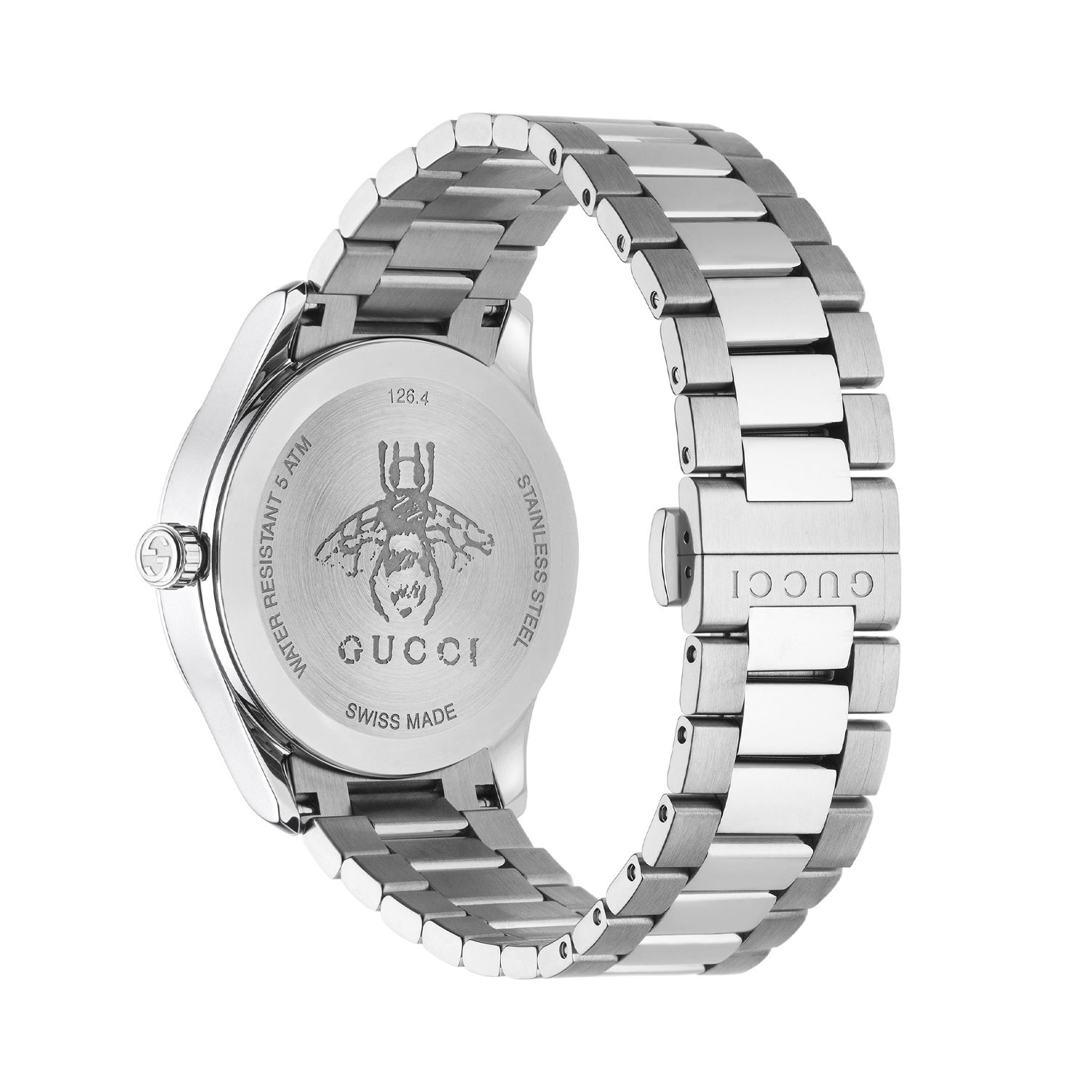 Gucci G-Timeless with a 38mm stainless steel case and bracelet strap featuring a date function and a black guilloché dial.