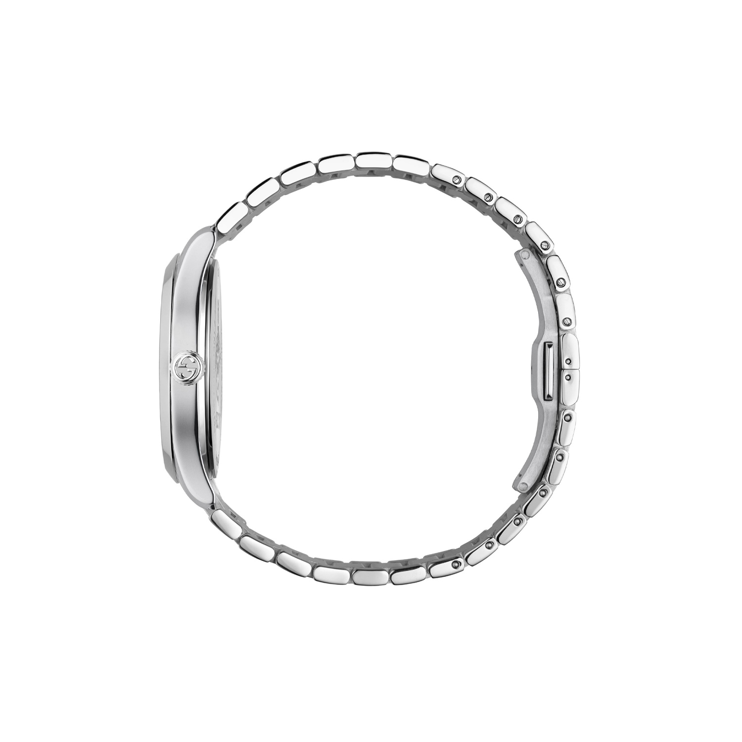 Gucci G-Timeless with a 38mm stainless steel case and bracelet strap featuring a date function and a black guilloché dial.