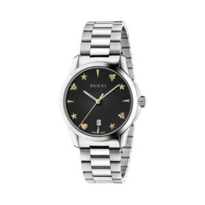 Gucci G-Timeless with a 38mm stainless steel case and bracelet strap featuring a date function and a black guilloché dial.