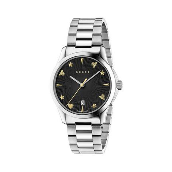 Gucci G-Timeless with a 38mm stainless steel case and bracelet strap featuring a date function and a black guilloché dial.