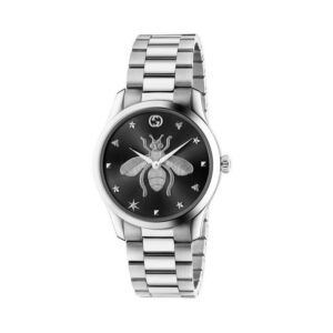 Gucci G-Timeless with a 38mm stainless steel case and bracelet strap with a silver bee design and black sunbrushed dial.