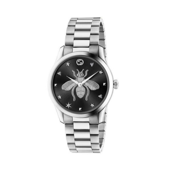 Gucci G-Timeless with a 38mm stainless steel case and bracelet strap with a silver bee design and black sunbrushed dial.