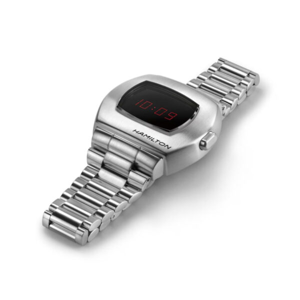 Hamilton, American Classic PSR with a 41mm stainless steel case and bracelet strap featuring a black digital hybrid dial.