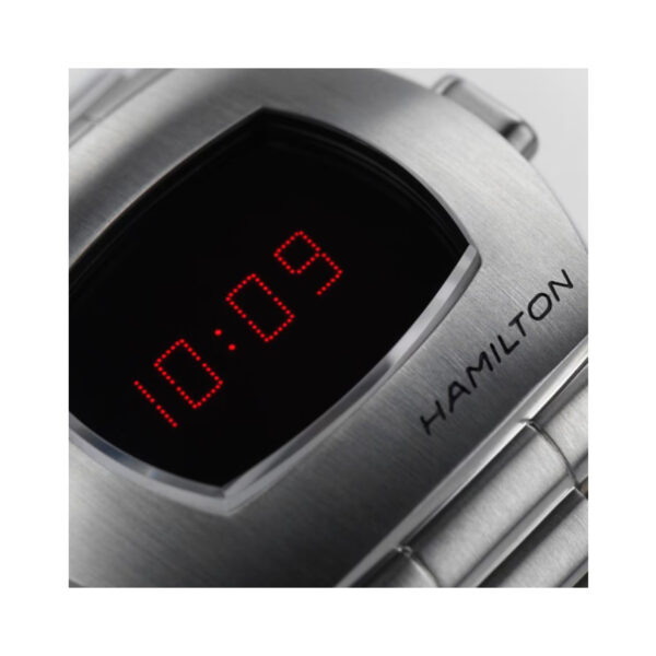 Hamilton, American Classic PSR with a 41mm stainless steel case and bracelet strap featuring a black digital hybrid dial.