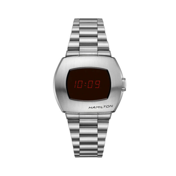 Hamilton, American Classic PSR with a 41mm stainless steel case and bracelet strap featuring a black digital hybrid dial.