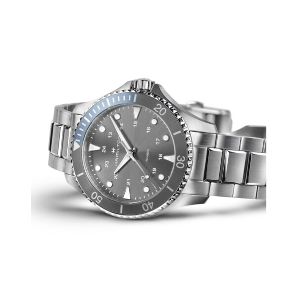 Hamilton, Khaki Navy Scuba with a 37mm stainless steel case and bracelet strap featuring a grey dial and a grey and blue bezel.