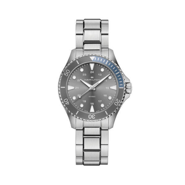Hamilton, Khaki Navy Scuba with a 37mm stainless steel case and bracelet strap featuring a grey dial and a grey and blue bezel.