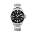 Hamilton, Khaki Navy Scuba with a 43mm stainless steel case and bracelet strap featuring a black dial and bezel.