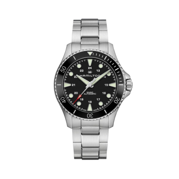 Hamilton, Khaki Navy Scuba with a 43mm stainless steel case and bracelet strap featuring a black dial and bezel.