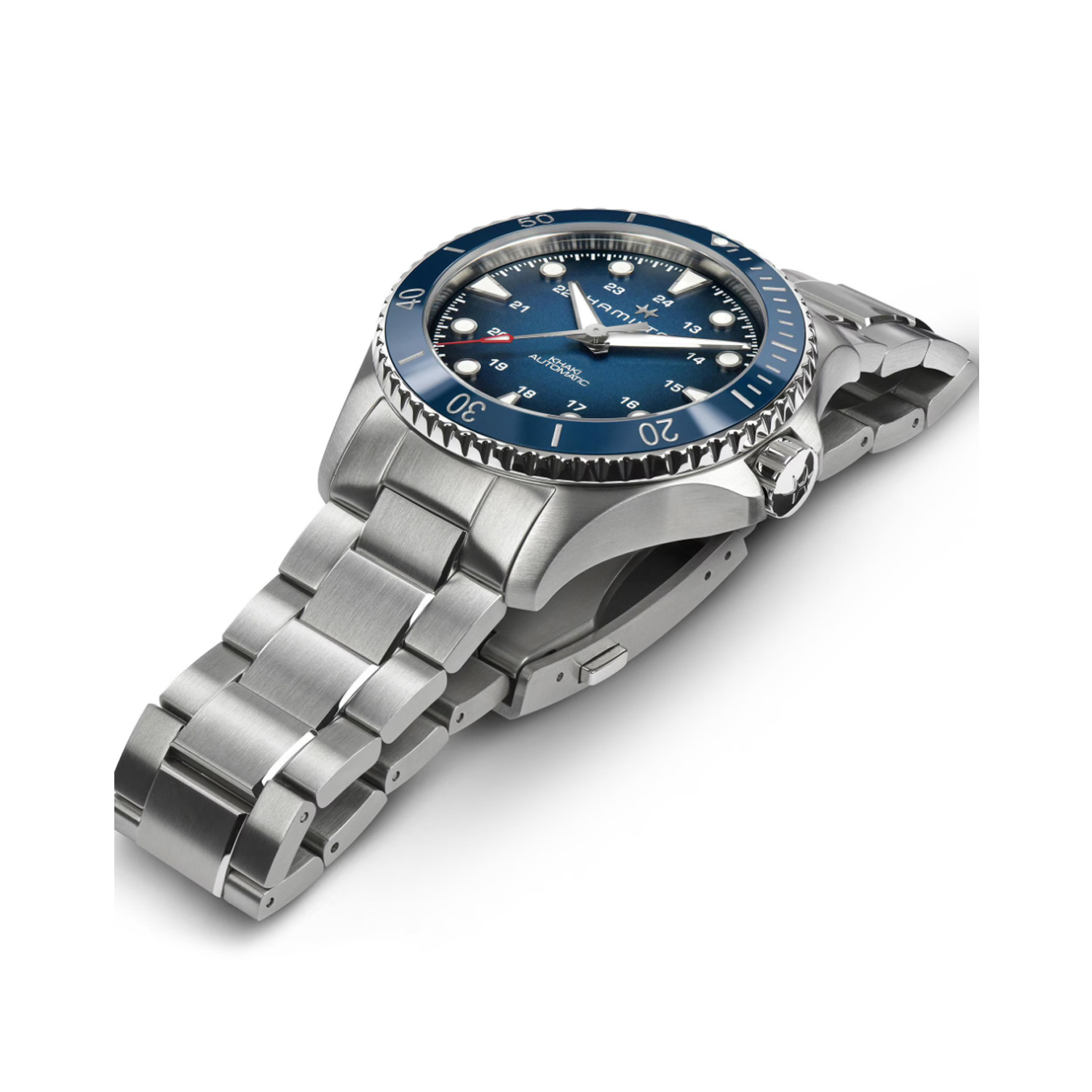 Hamilton, Khaki Navy Scuba Blue, Automatic Men's Watch Hamilton, Khaki Navy Scuba with a 43mm stainless steel case and bracelet strap featuring a blue dial and bezel.