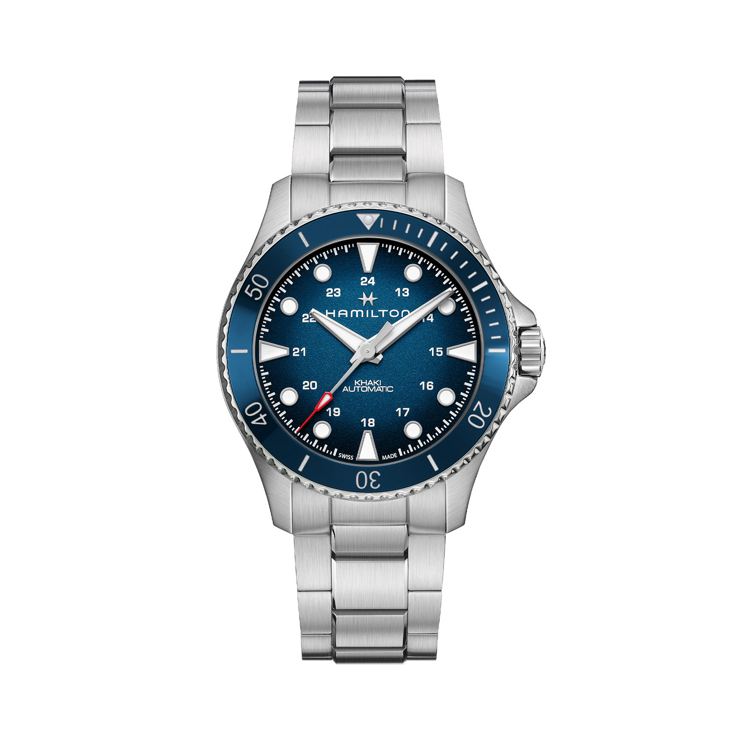 Hamilton, Khaki Navy Scuba Blue, Automatic Men's Watch Hamilton, Khaki Navy Scuba with a 43mm stainless steel case and bracelet strap featuring a blue dial and bezel.