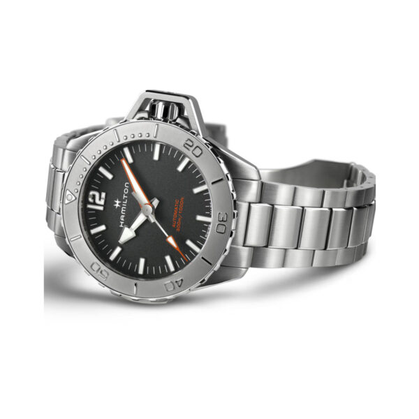 Hamilton, Khaki Navy Frogman with a 46mm stainless steel case and bracelet strap featuring a black dial and a grey bezel.