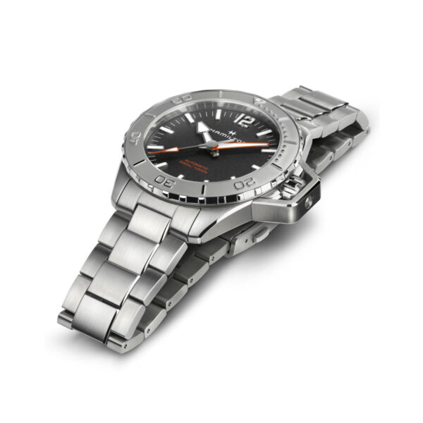 Hamilton, Khaki Navy Frogman with a 46mm stainless steel case and bracelet strap featuring a black dial and a grey bezel.