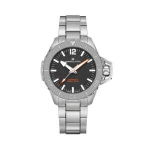 Hamilton, Khaki Navy Frogman with a 46mm stainless steel case and bracelet strap featuring a black dial and a grey bezel.
