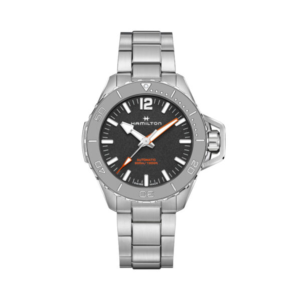 Hamilton, Khaki Navy Frogman with a 46mm stainless steel case and bracelet strap featuring a black dial and a grey bezel.