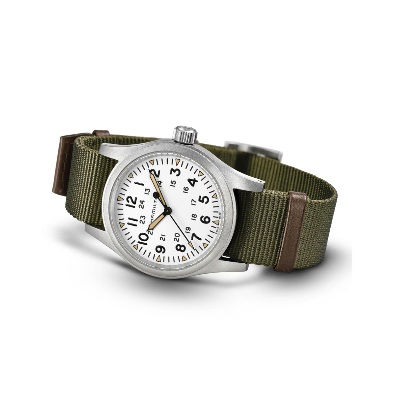 Hamilton, Khaki Field Mechanical with a 38mm stainless steel case and green NATO strap featuring a white dial.
