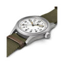 Hamilton, Khaki Field Mechanical with a 38mm stainless steel case and green NATO strap featuring a white dial.