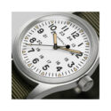 Hamilton, Khaki Field Mechanical with a 38mm stainless steel case and green NATO strap featuring a white dial.