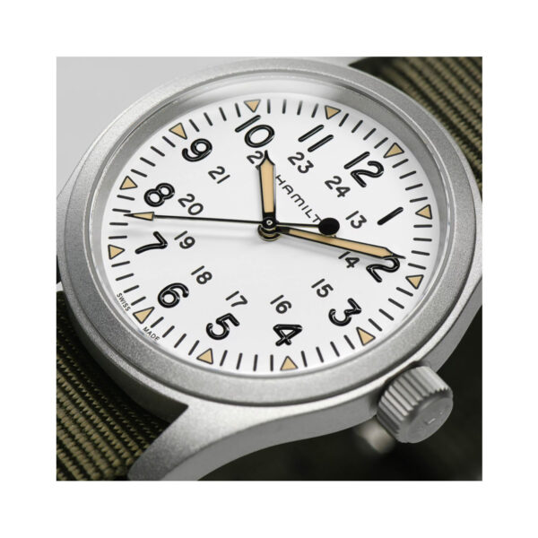 Hamilton, Khaki Field Mechanical with a 38mm stainless steel case and green NATO strap featuring a white dial.