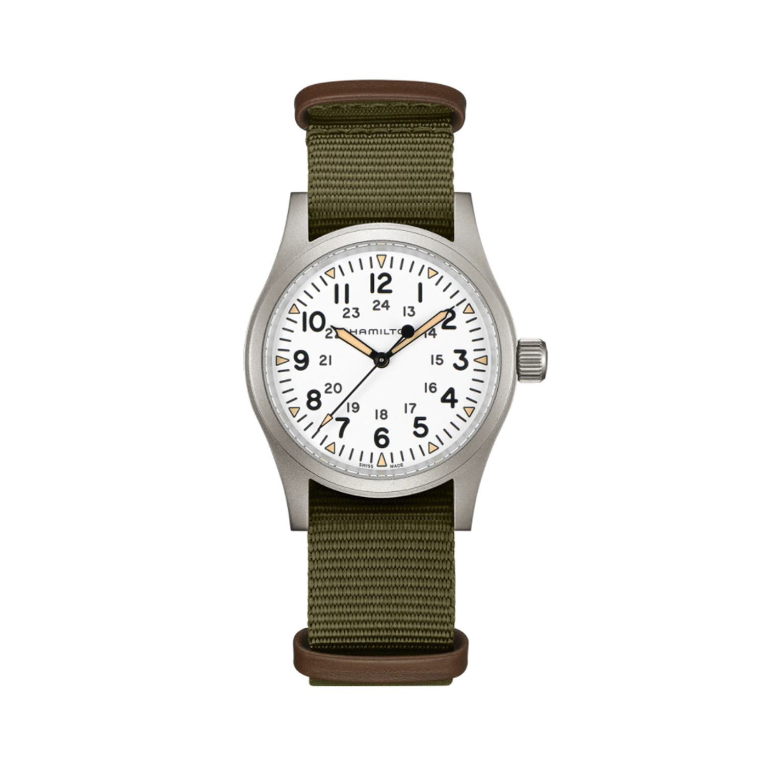 Hamilton, Khaki Field Mechanical with a 38mm stainless steel case and green NATO strap featuring a white dial.