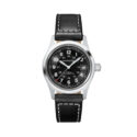 Hamilton, Khaki Field with a 38mm stainless steel case and black leather strap featuring a date function and a black dial.