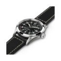 Hamilton, Khaki Field with a 38mm stainless steel case and black leather strap featuring a date function and a black dial.