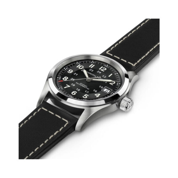 Hamilton, Khaki Field with a 38mm stainless steel case and black leather strap featuring a date function and a black dial.