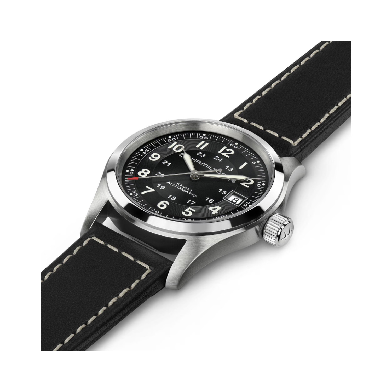 Hamilton, Khaki Field Black, Automatic Men's Watch Hamilton, Khaki Field with a 38mm stainless steel case and black leather strap featuring a date function and a black dial.
