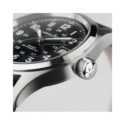 Hamilton, Khaki Field with a 38mm stainless steel case and black leather strap featuring a date function and a black dial.