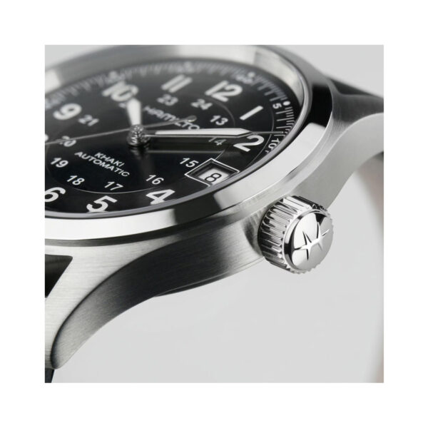 Hamilton, Khaki Field with a 38mm stainless steel case and black leather strap featuring a date function and a black dial.