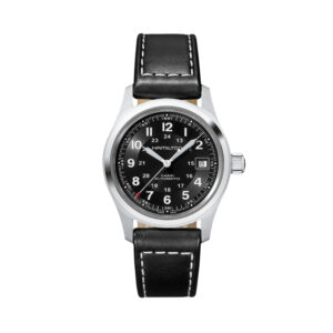 Hamilton, Khaki Field with a 38mm stainless steel case and black leather strap featuring a date function and a black dial.