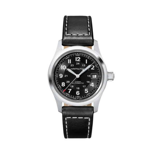 Hamilton, Khaki Field with a 38mm stainless steel case and black leather strap featuring a date function and a black dial.