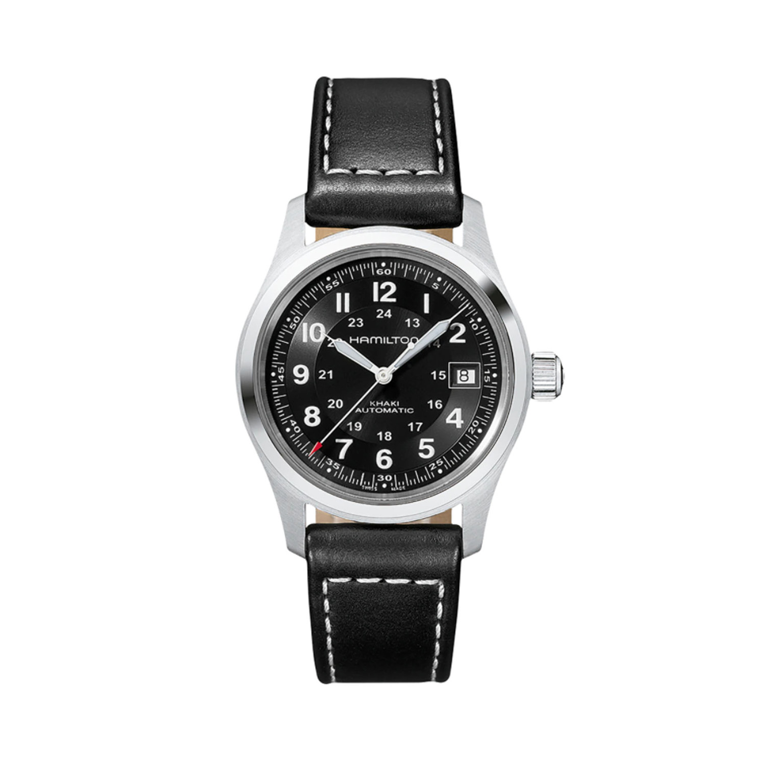 Hamilton, Khaki Field Black, Automatic Men's Watch Hamilton, Khaki Field with a 38mm stainless steel case and black leather strap featuring a date function and a black dial.