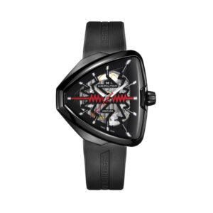 Hamilton, Ventura Elvis80 Skeleton with a 42 x 45mm stainless steel black PVD plated triangular case and black rubber strap featuring a skeleton dial.