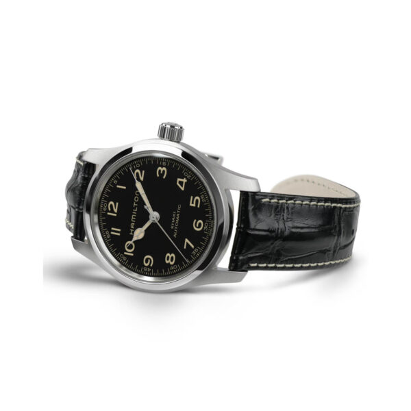 Hamilton, Khaki Field Murph with a 42mm stainless steel case and black leather strap featuring a black dial.