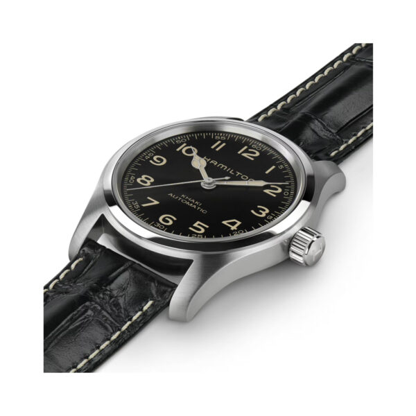Hamilton, Khaki Field Murph with a 42mm stainless steel case and black leather strap featuring a black dial.